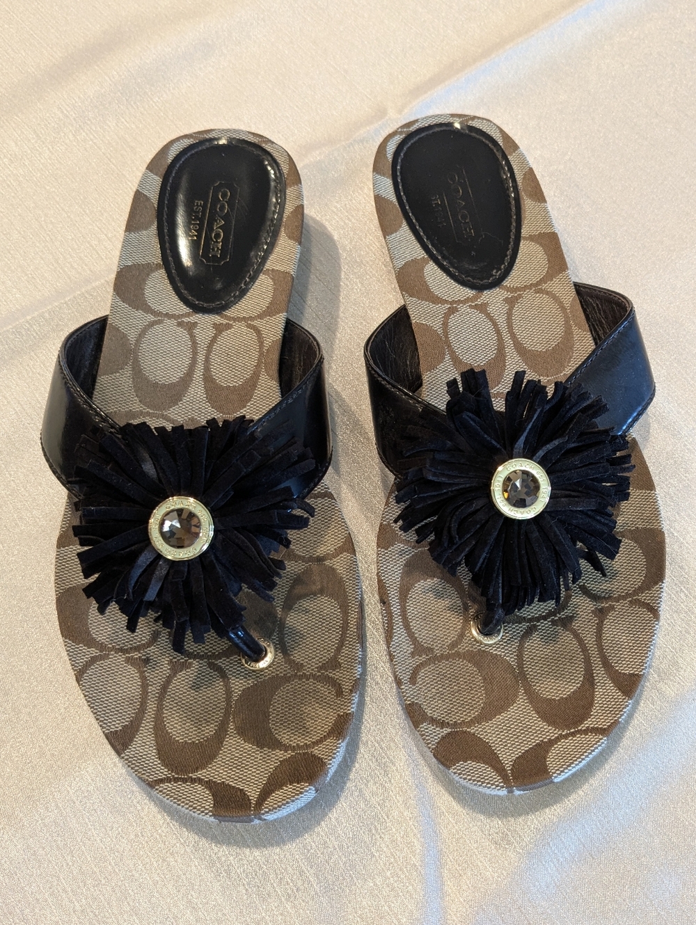 Coach Women's Size 8 Dark Brown Signature Canvas Thong Sandal with Flower Accent